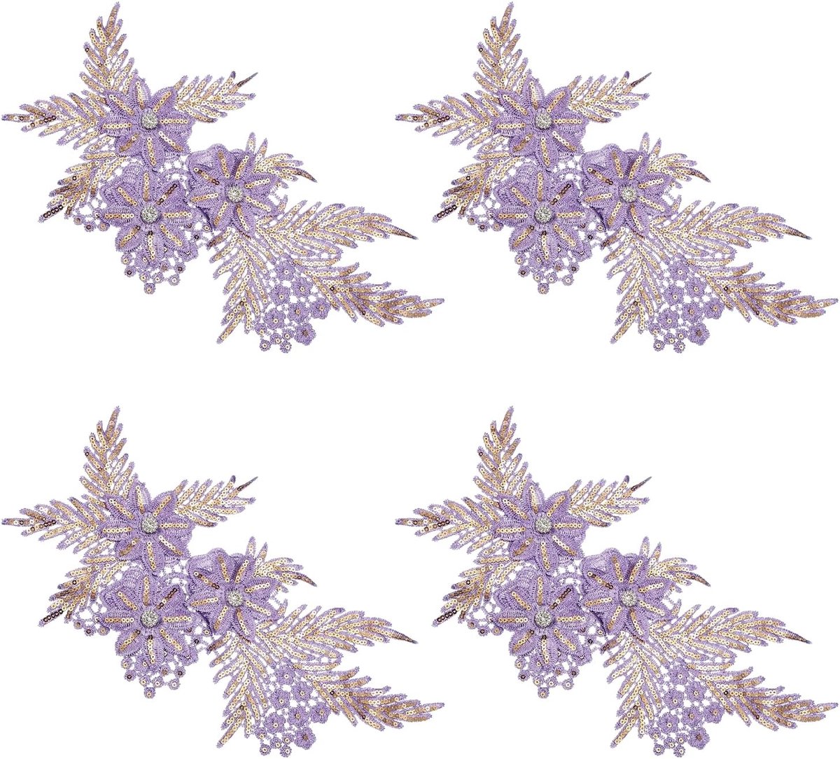 4 stuks (2 paar) paillettenbloemenapplicatie met strass-kralen, 3D-borduurpatch, naaiaccessoires, decoraties voor trouwjurk, doe-het-zelf, handwerk, versiering, paars