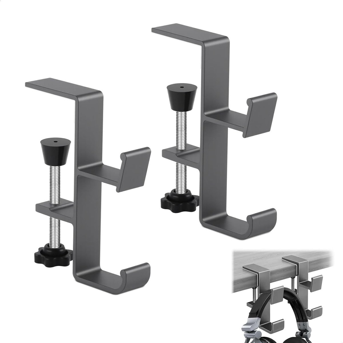 Hoofdtelefoonhouder voor bureau, geschikt voor 1.4 tot 5.8 cm dikke bureaus, set van 2, ideaal voor gaming, desk accessoires en kabelbeheer