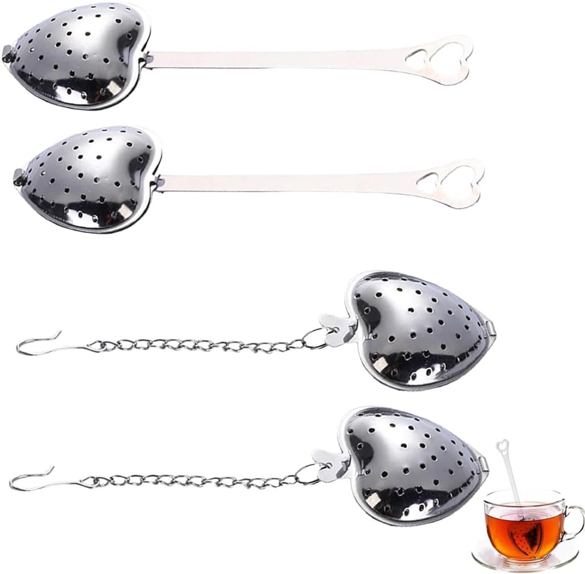 Set van 4 hartvormige theezeefjes van roestvrij staal met lepel en tang voor losse thee en specerijen