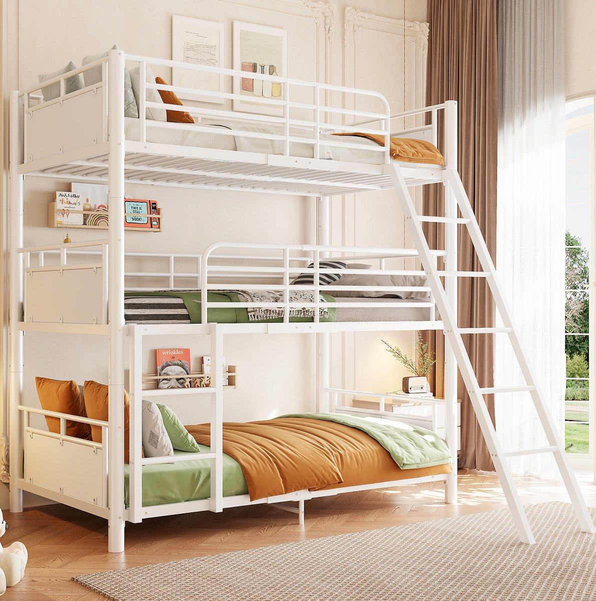 FloraGrace Stapelbed 90 x 200 cm - Drie Slaapniveaus - Deelbaar Met Twee Ladders - Kinderkamer - Metaal - Wit - Zonder Matras