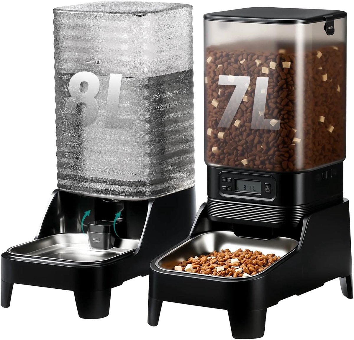 15L Auto Pet Feeder 7L Automatische Cat Feeder en 8L Zwaartekracht Huisdier Water Dispenser met Gepatenteerde Kraan, Roestvrij Stalen Kom, Verstelbare Verhoogde Base, Batterij Aangedreven