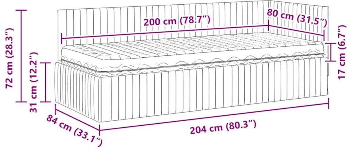 vidaXL Hoekbedframe - met - Matras - 2 - st - Crème - 80 - x - 200 - cm - Fluweel