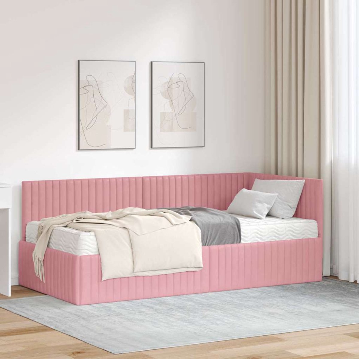 vidaXL Hoekbedframe - met - Matras - 2 - st - Roze - 90 - x - 190 - cm - Fluweel