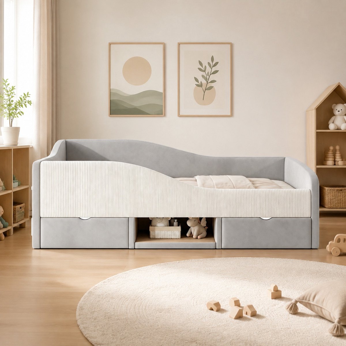 FloraGrace Gestoffeerd Kinderbed 90x190 cm - Met Veiligheidshek en 2 Lades - Lattenbodem - Zonder Matras - Stof - Grijs