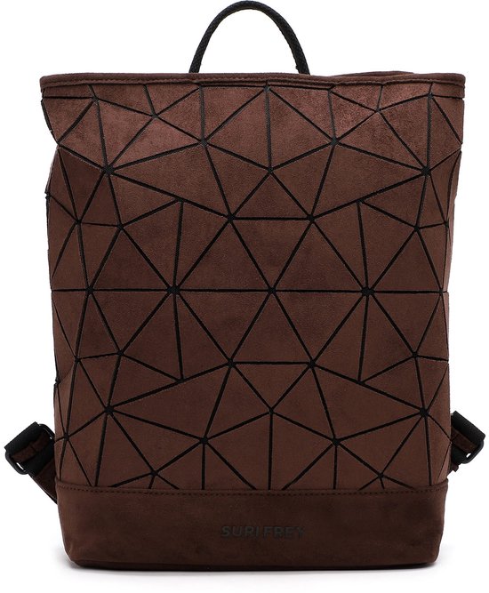 Bruine rugzak met geometrisch patroon van zwarte lijnen en het SURI FREY logo.