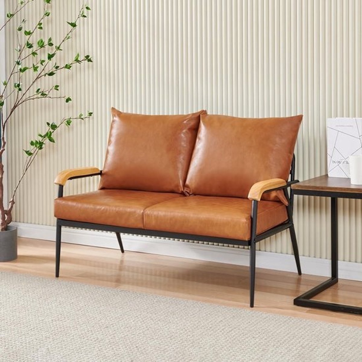 Zitbank Metaal Hout - Bankstel 2 Persoons - Woonkamer Meubel - Waterafstotend Leer - 107 x 81 cm - Lichtbruin