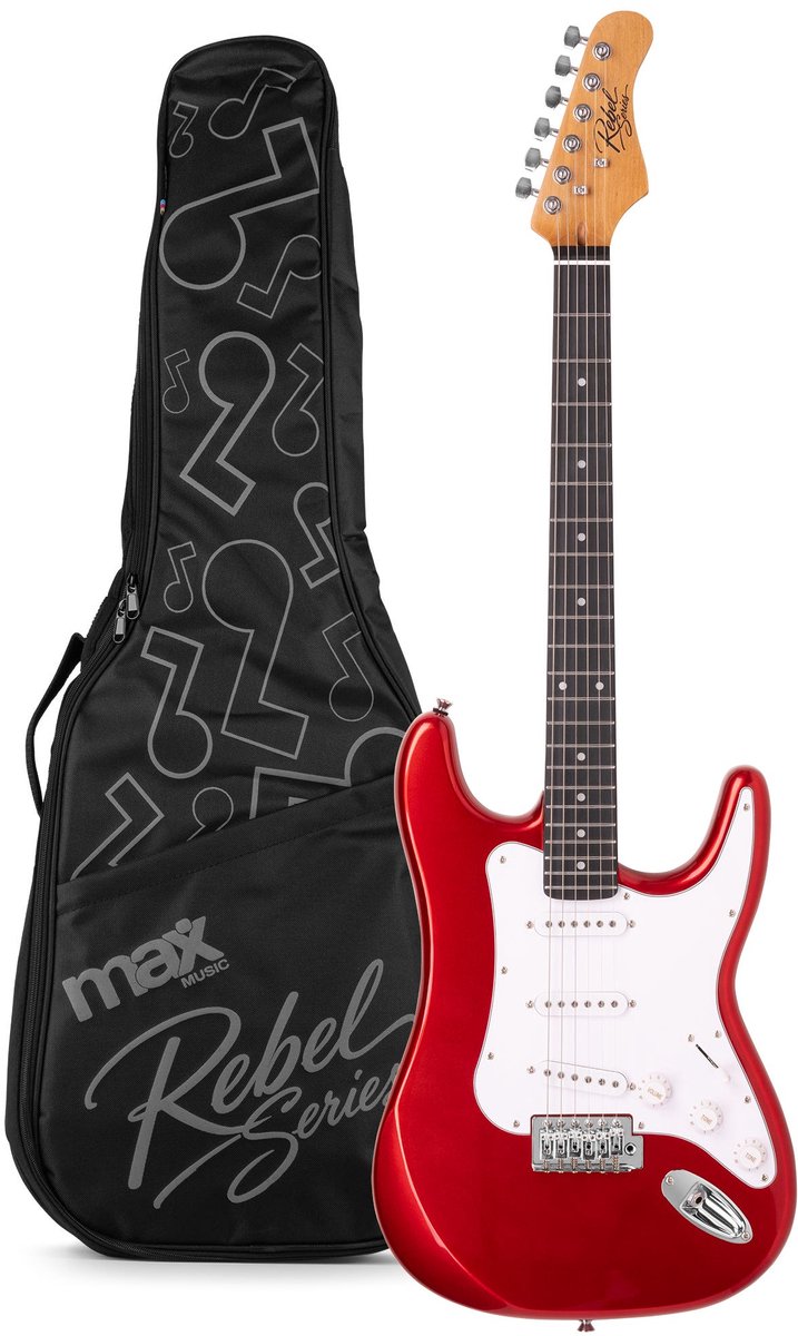 Elektrische gitaar - MAX Rebel ST - Met online muziekcursus - Roasted maple hals met 22 frets - Incl. gitaartas - Metallic red