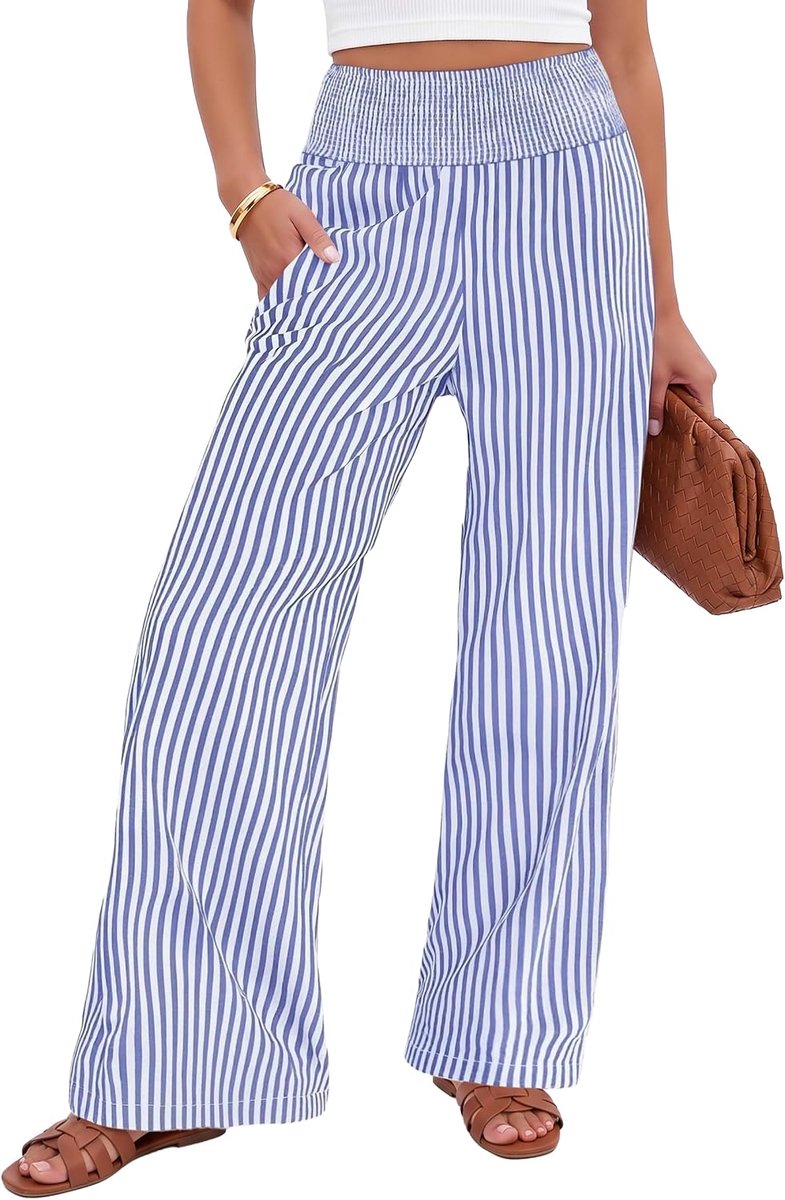 Zomerbroek voor dames, gestreept, palazzo-broek, hoge elastische tailleband, met zakken, casual, ademend, brede pijpen, licht, vloeiend, lange broek, losse broek