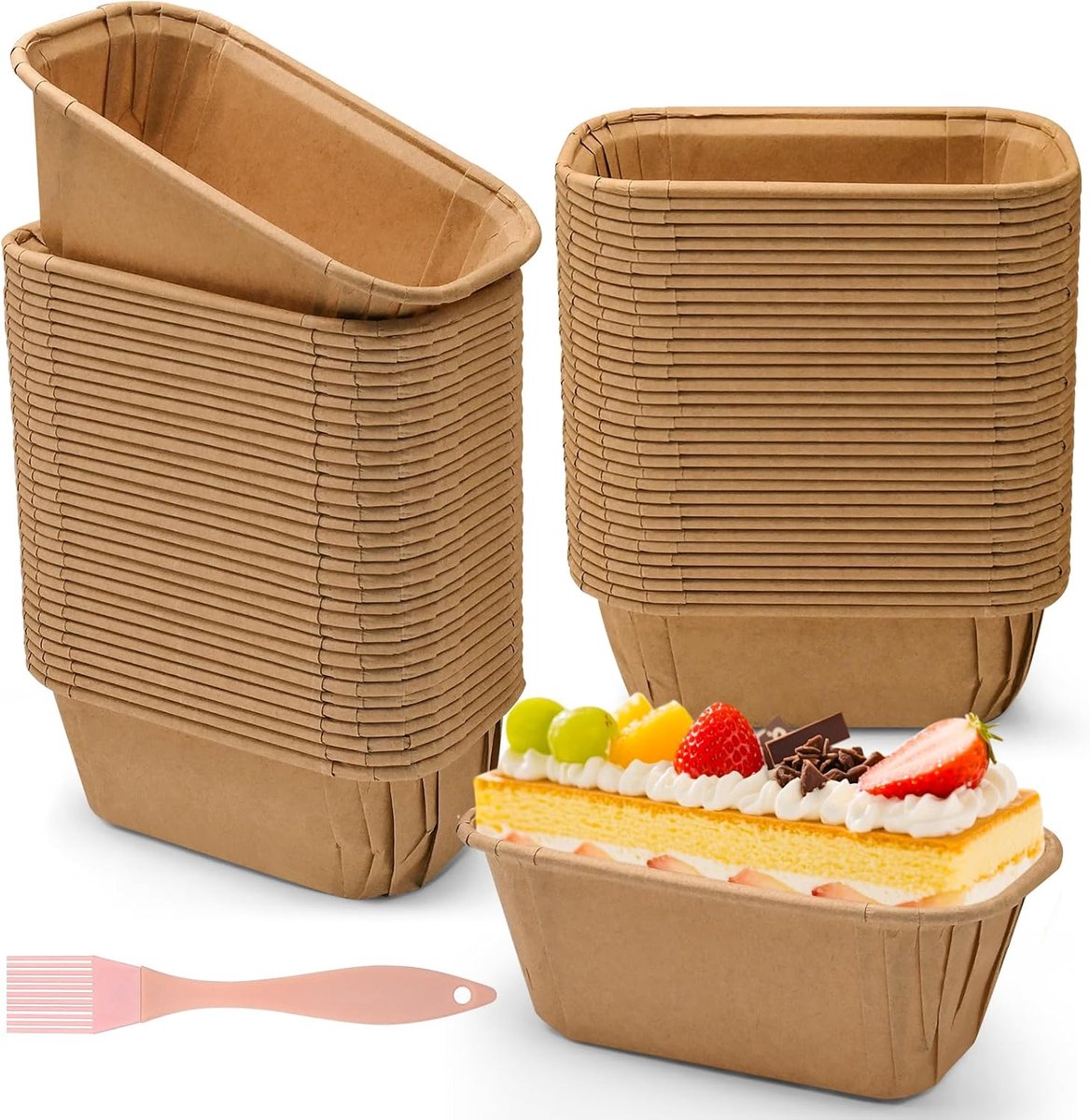 100 Stuks Plumcake Vormen van Papier Set met Borstel, Papieren Bakvormen 8 x 4 x 4 cm, Rechthoekige Mini-Taartvormen voor Het Bakken Van Cakes, Brood, Muffins, Taarten in de Oven(Bruin)