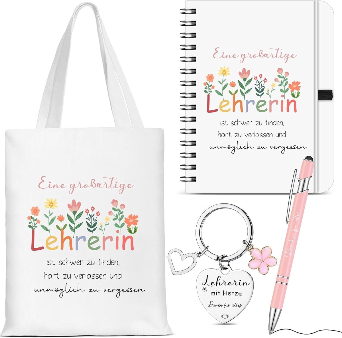 4 Stuks Bedankgeschenken voor Leraren, Stoffen Tas, Notitieboek, Metalen Balpen en Sleutelhangers voor Afstuderen en Afscheid