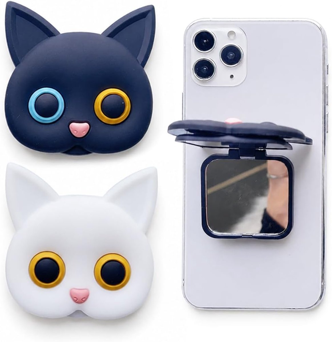 2 telefoonringen, 360 graden inklapbaar, met spiegeldesign, chat, ondersteuning van telefoon, universeel, voor kantoor en thuis (zwart en wit)