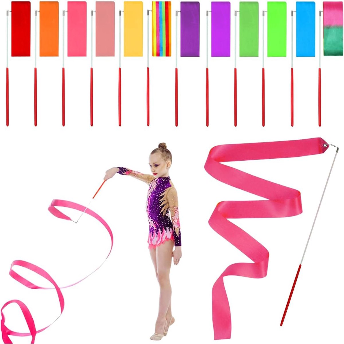 Banden,2M Kleurrijke Gymnastiekband,Meerdere Kleuren Ritmische band,Danser Toverstaf Dansen Lint,Dansbanden met Staaf voor Talentenshows,Feest,Dansstaf Kinderen en Regenboogband