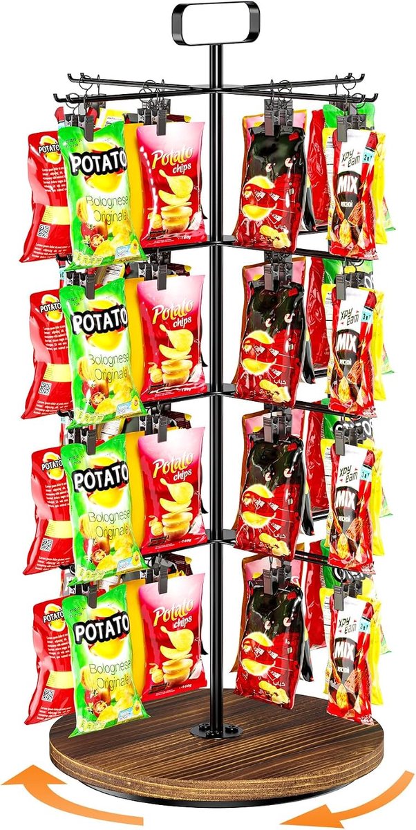 Displaystandaard, 4-laags 64 clips snackbar-organizer voor aanrecht, 360 ° draaibaar snackrek, snoepdisplayhouder, chipopslagstation voor voorraadkast, detailhandel, kantoor (zwart)