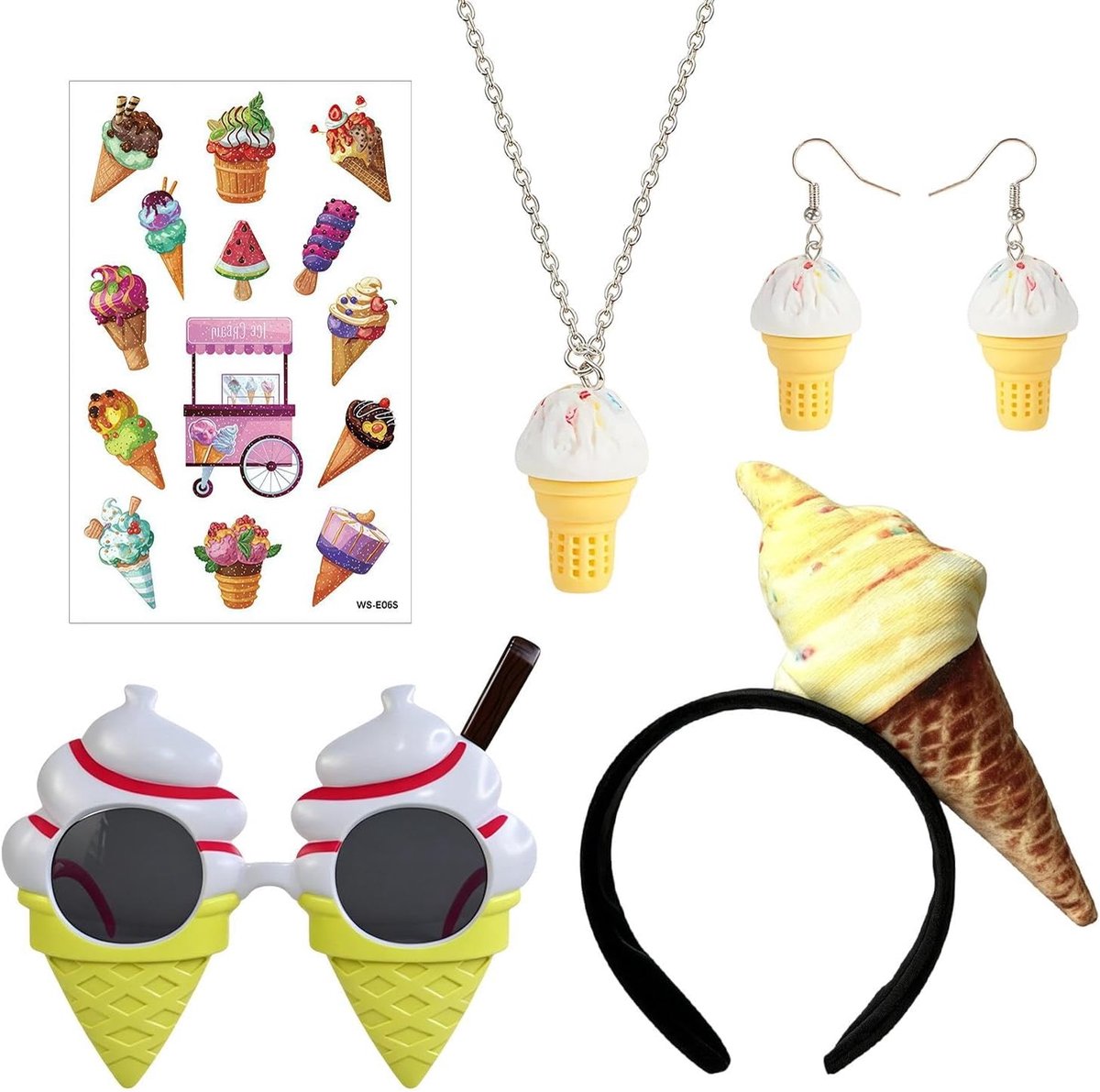 1 Set Van Ijs Thema Aanken, Met Inbegrip Van Pluche Kegel Hoofdband, Ijs Glazen, 3-Delige Accessoire Set En Tattoo Stickers, Geel En Wit, Zomer Partij, Rollenspel (Geel, Wit.