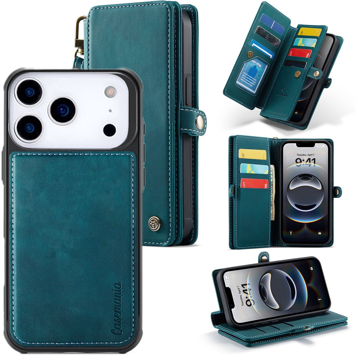 Casemania Hoesje Geschikt voor Apple iPhone 18 Pro - Emerald Green - Geschikt voor MagSafe - Luxe Kunstlederen 2 in 1 Portemonnee Book Case met Extra Vakken