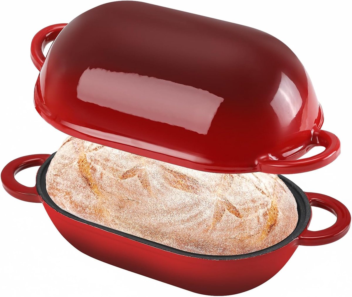 Broodbakvorm met deksel, 28 cm, geëmailleerde gietijzeren pan, braadpan met deksel, 5,5 l, ideale broodpot, broodbakpot, ovenbestendig (kleurverloop rood)