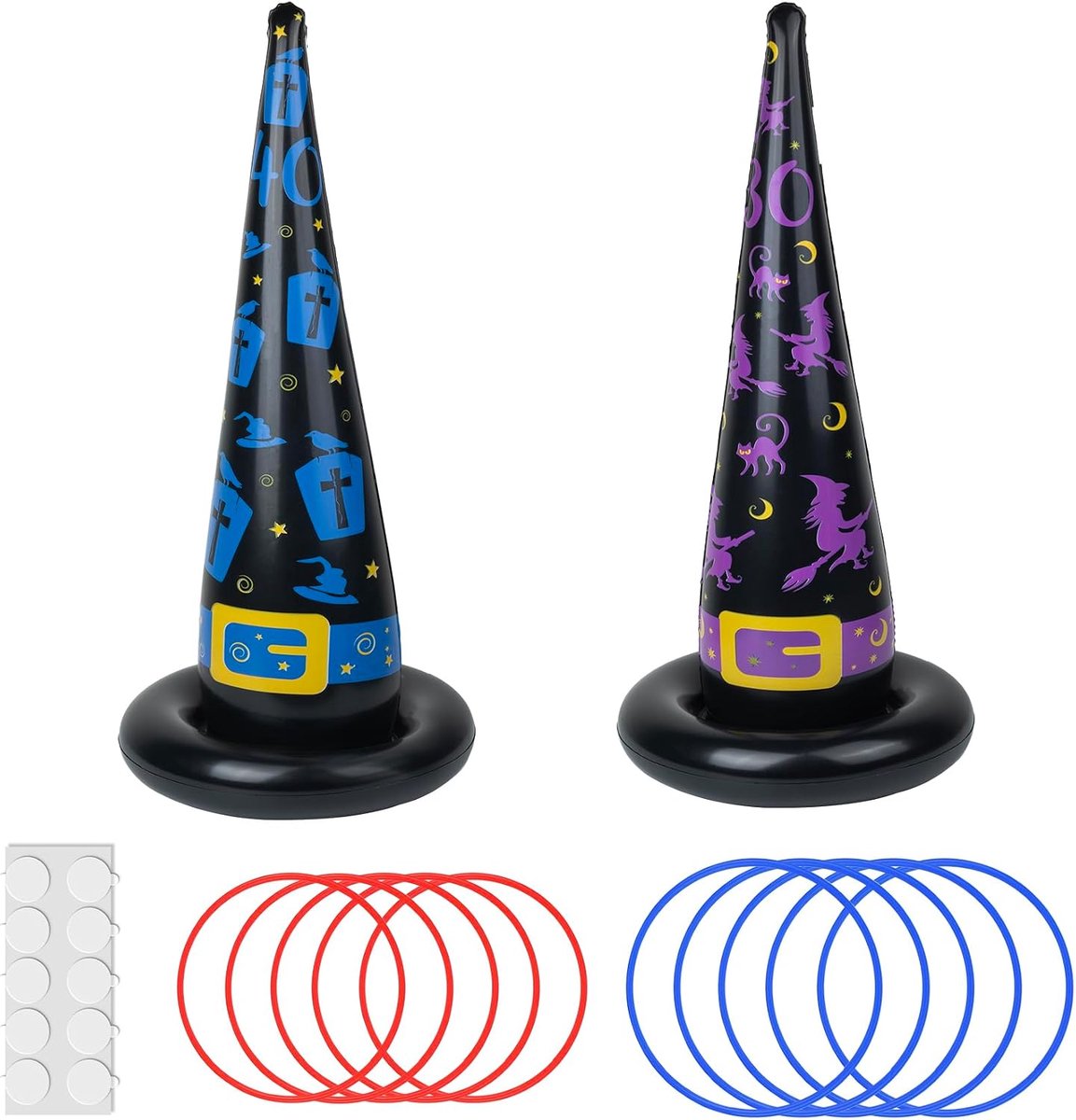 2 opblaasbare heksenhoeden met 10 kunststof ringen voor Halloween-spellen binnen en buiten