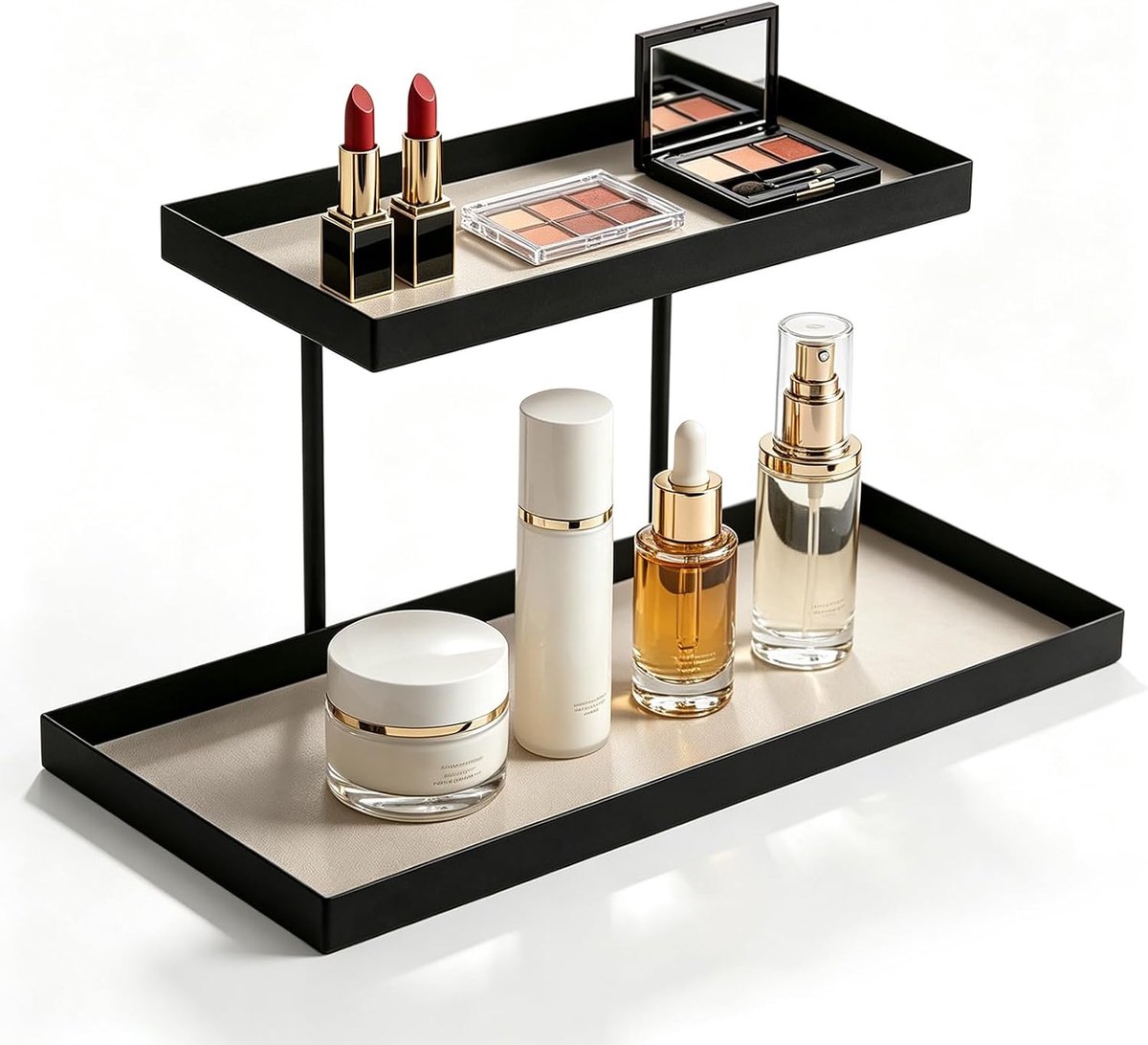 Organizer van metaal, make-up-organizer, kaptafelorganizer met twee niveaus, parfumopslag, huidverzorging voor slaapkamer, badkamer, make-uptafel