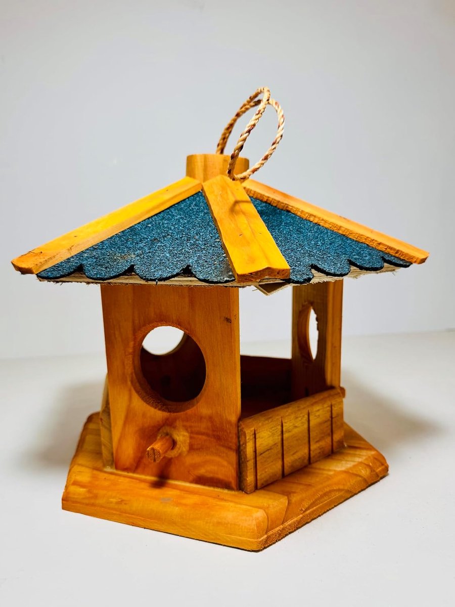 Vogelhuis om op te hangen, maxi Ø 35 cm, weerbestendig, zeshoekige voederplaats van hout (groot, bruin/blauw)