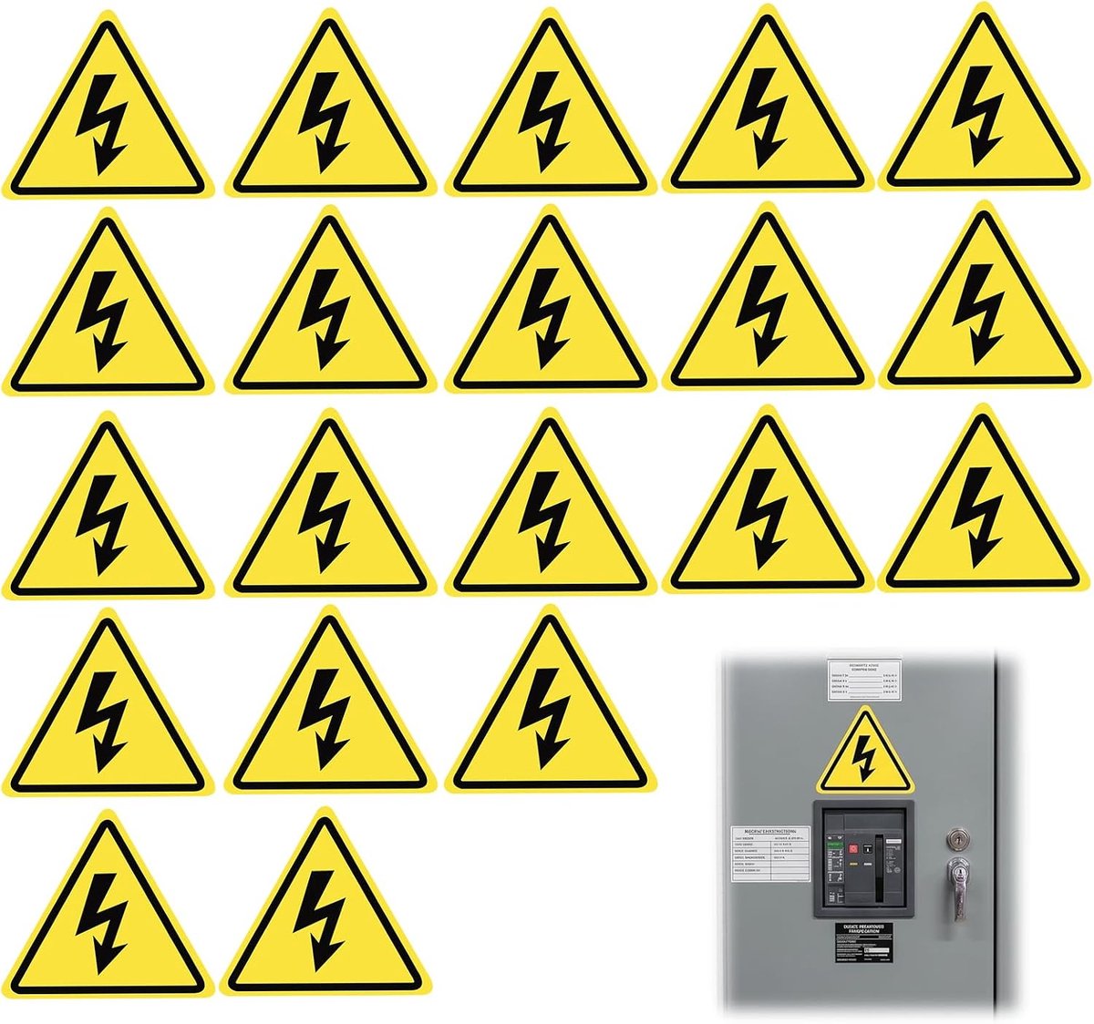 20 stuks elektrische gevarenstickers, driehoek, 3,6 cm, waarschuwingsstickers, hoge spanning, lichtgevend symbool, pvc, vinyl voor elektrische kasten, geel