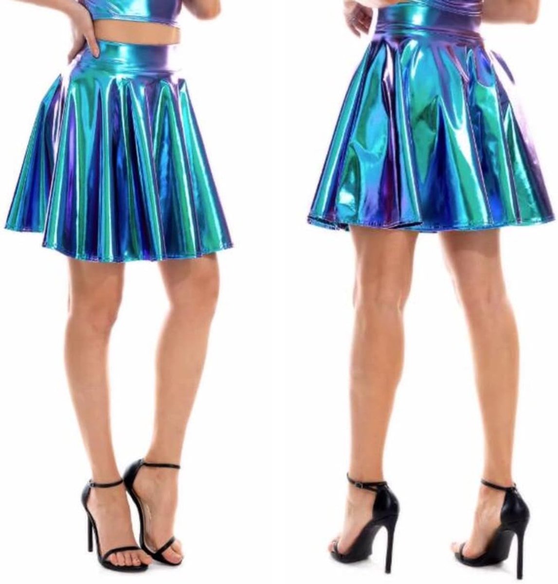 Vrouwen Dames PU Lederen Mini Rok Sexy Hoge Taille Glanzende Metallic Rok Voor Party Cocktail Jurk Prestaties Kostuum, Blauw, Eén Maat