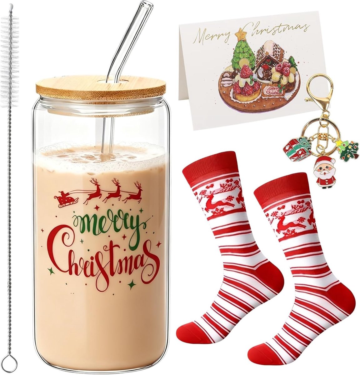 Kerstbeker - Doorzichtig - 500 ml - Hoogwaardig Borosilicaatglas met Deksel en Rietje - Voor Feestdagen