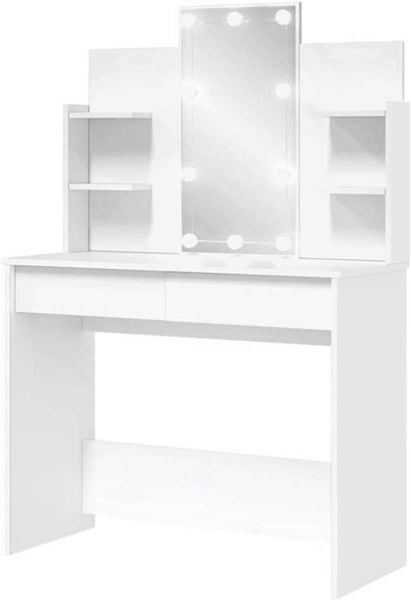 Kaptafel met spiegel - Toilettafel meubel - Cosmetica organiseren - Verstelbare LED-verlichting - 96x40x142 cm - Wit