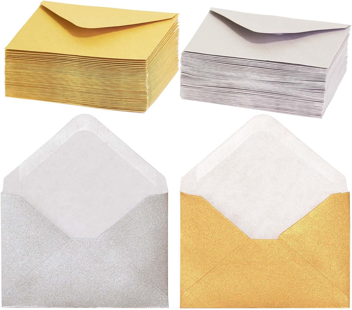 Enveloppen, 100 stuks mini-enveloppen voor cadeaukaarten, visitekaartjes en notities, goud en zilver, 50 stuks elk, 10,16 x 6,9 cm
