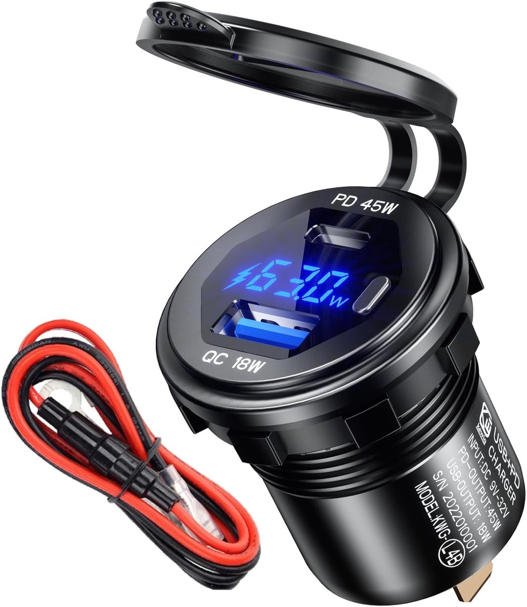 45 W PD USB-stopcontact, 12 V, waterdicht, QC 3.0, 12 volt, metalen USB-inbouwstopcontact met schakelaar, led-voltmeter voor motorfiets, caravan, boot, vrachtwagen, MacBook, iPhone, Samsung