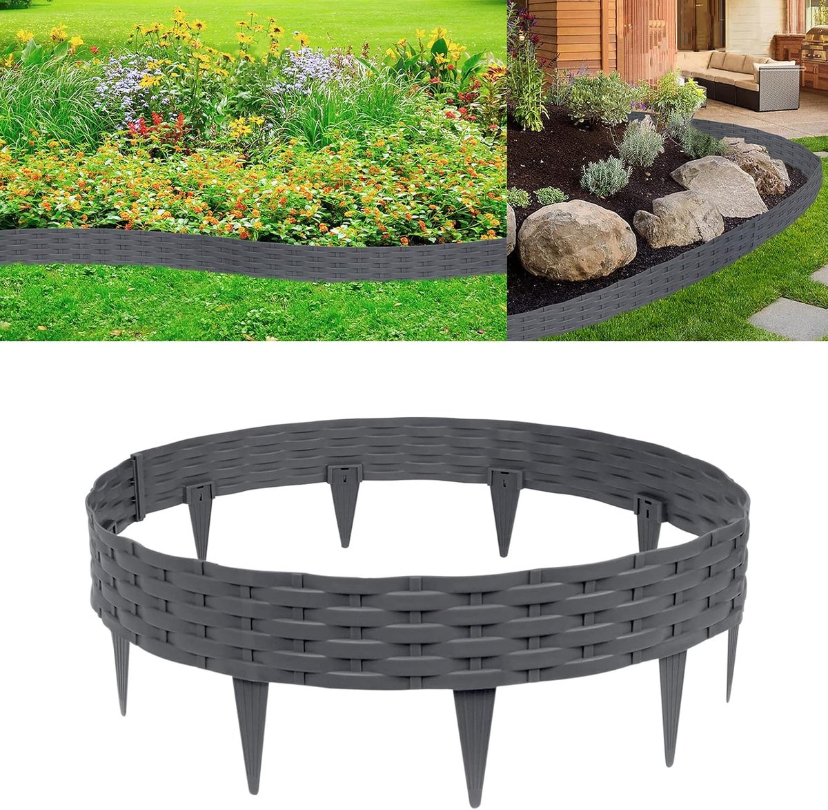 Gazonrand, bloembed omranding, 25m, buigbare kunststof bloembedomranding, rotan-design, palissades met 25 elementen á 100 cm, antraciet