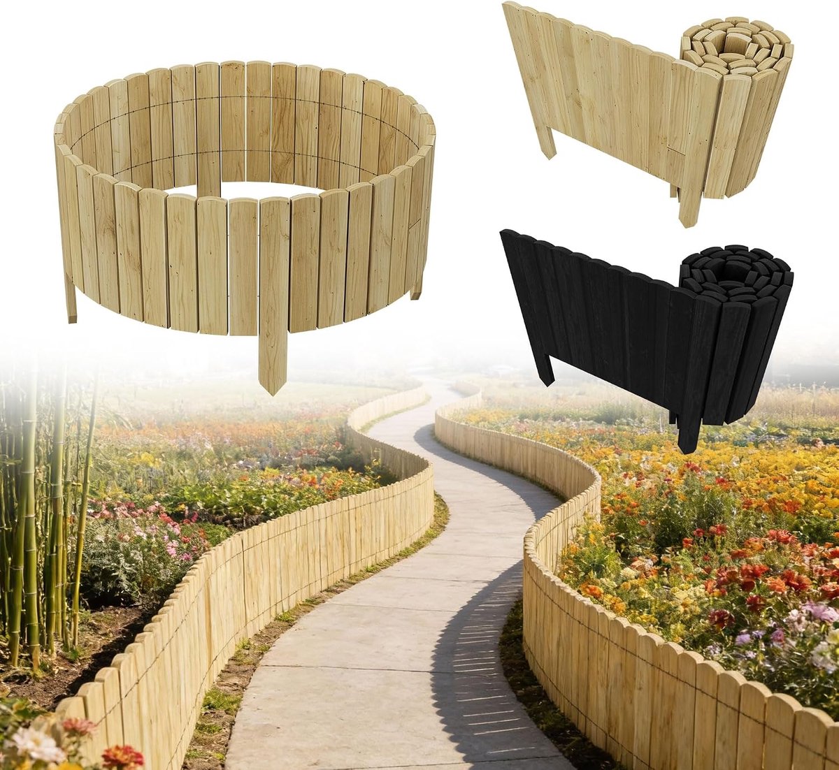Grasrand van hout, flexibel houten hek, maairand, rolborder, houten palissaden, insteekhek voor tuin, bloembed, omranding, bloembedomranding, bloembedomranding, lengte 200 cm, hoog 30 cm