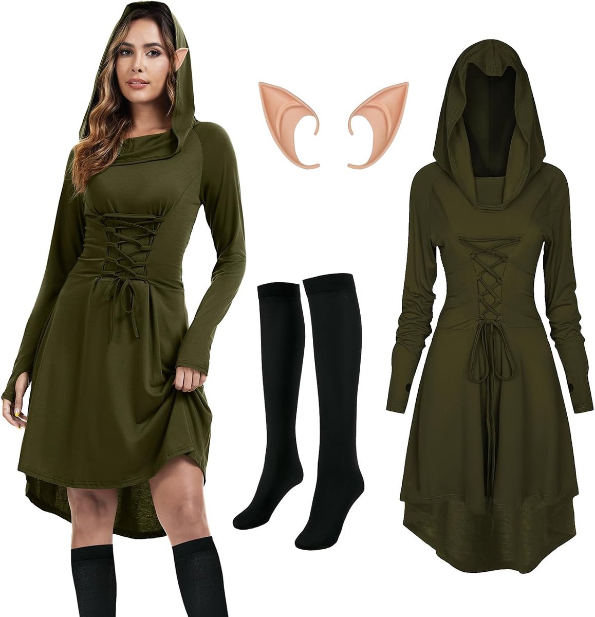 Kleding voor dames, gothic, middeleeuwse kleding, renaissance-jurk, capuchonjurk met elfenoren en overknee-sokken voor carnaval, Halloween