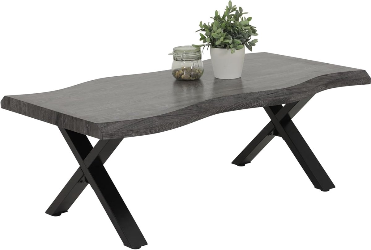 Boomkantentafel, salontafel X-frame, houtmateriaal, acaciagrijs, 110 x 60 cm