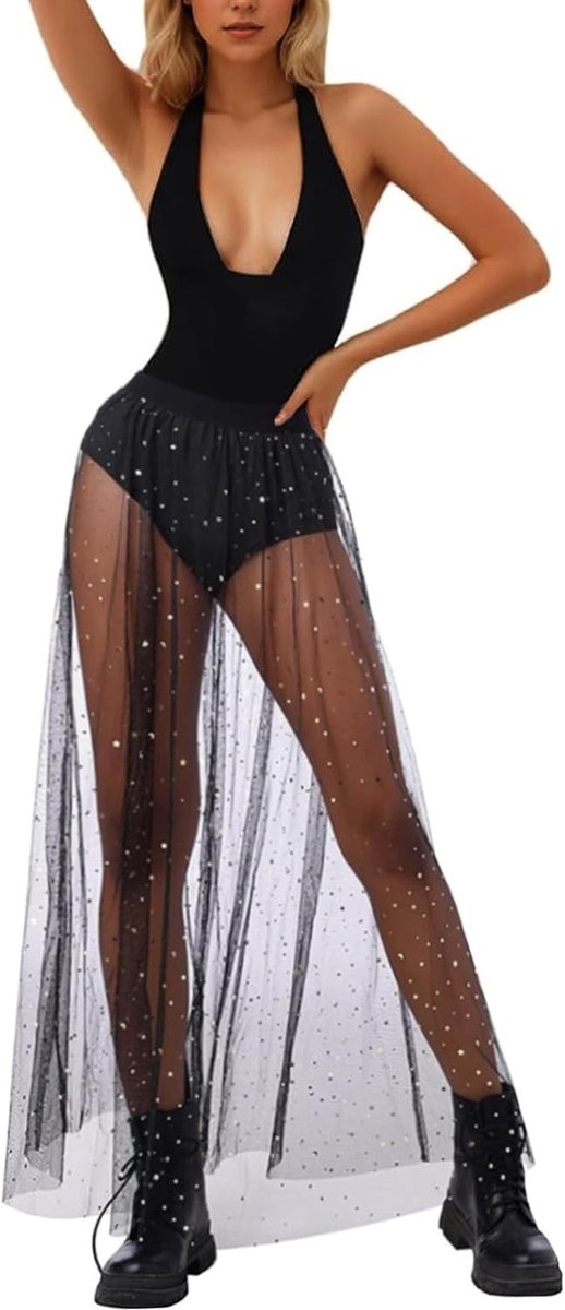 Transparante rok 2-in-1, tule rok met glitter, festivalrok vrouwen, voor feest, rave-outfit, zwart, L