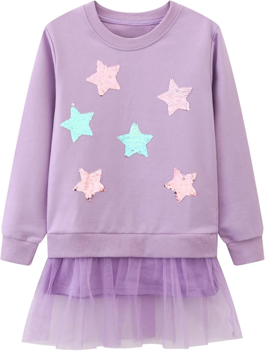 Jurk Meisjes Lange/Korte Mouwen Katoen Tule Jurken Kinderen Tutu Glitter Borduurwerk Pailletten Appliqué Zomerjurk met Dieren Patroon Partij Fiesta Casual Prinsessenjurk voor 2-7 Jaar