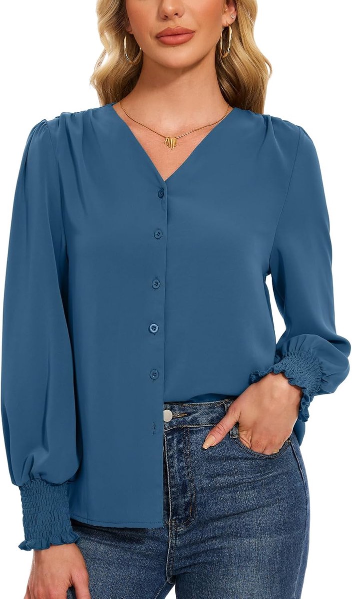 Damesblouse met V-hals, lange mouwen, elegant, chiffon, bovendeel, casual, met blaas, mouwen, blouse voor herfst en lente