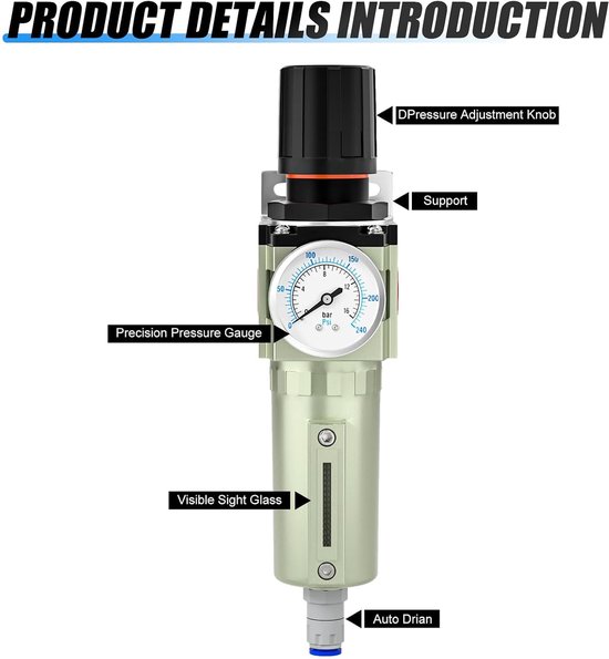 3/4" BSP Zwaar uitgevoerde industriële luchtcompressor vochtfilter, Automatische afvoer, Deeltjesfilter en luchtregelaar voor plasmasnijder en verfspuit — afbeelding 4
