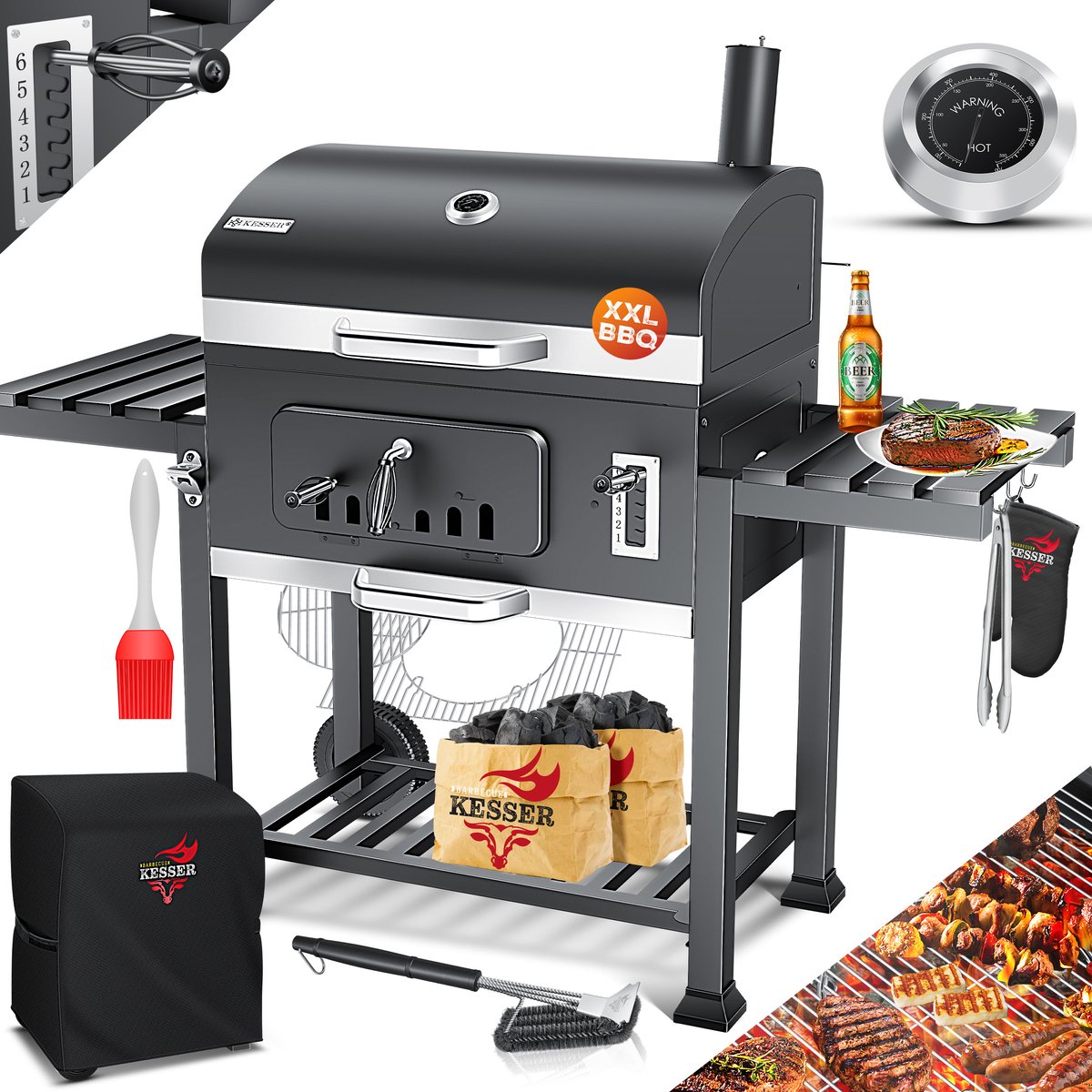 KESSER® Houtskoolbarbecue XXL Barbeque Houtskool met Deksel, Wielen, Afdekkap, Roestvrij Stalen Handvat, Barbecuerooster en Thermometer, 8 Spiesen met Zakje & siliconen Borstel, grote BBQ Camping Terras Tuin