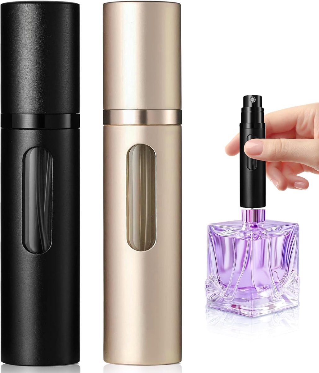 2 x navulbare verstuiver, 5 ml, reisspuitfles, navulbare fles, parfumspray (zwart + champagnegoud)