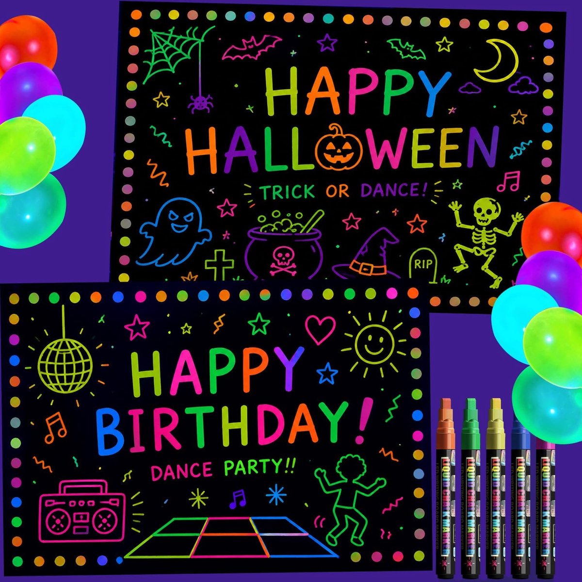 Glow in the Dark Feestbenodigdheden - Let's Glow Fotografie Achtergrond Set Inclusief 2 Zwarte Graffiti Papieren en 5 Fluorescerende Gekleurde Pennen voor Neon Party Decoraties, 1,2 x 1,8 m