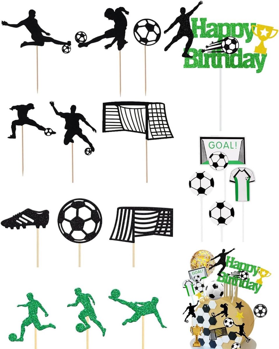 Taartdecoratie, 18 stuks taarttoppers voetbal, voor verjaardag kinderen, jongen thema, voetbal verjaardagstaart figuren - M