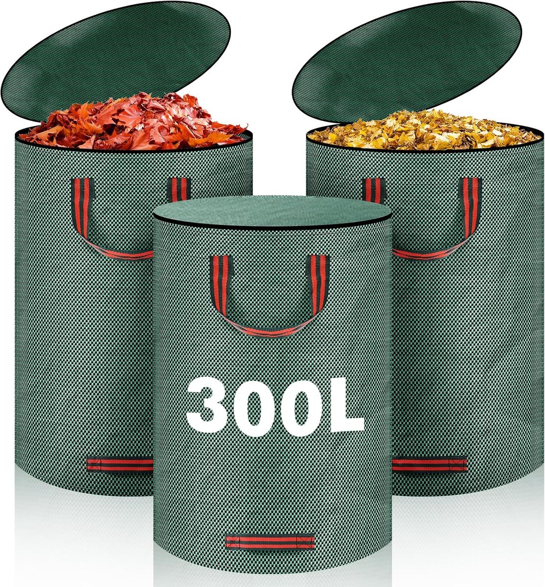 3 x 300 liter tuinzak, bladzak met deksel en 4 handgrepen, tuinafvalzak, stabiel, tuinzakken, herbruikbaar en opvouwbaar, waterdichte groene snijzak voor bladeren gazonsnijden