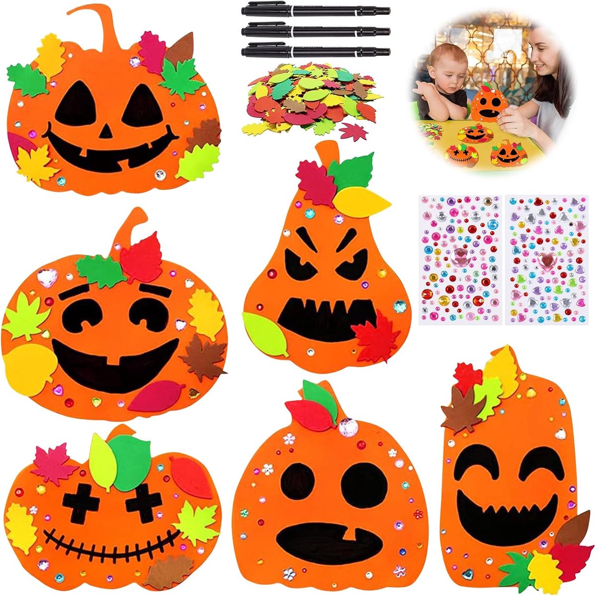 Knutselen voor kinderen, Halloween pompoendecoraties, schuimpompoenvormen, Halloween stickers, gezichtsstickers, strassteentjes, doe-het-zelf knutselsets