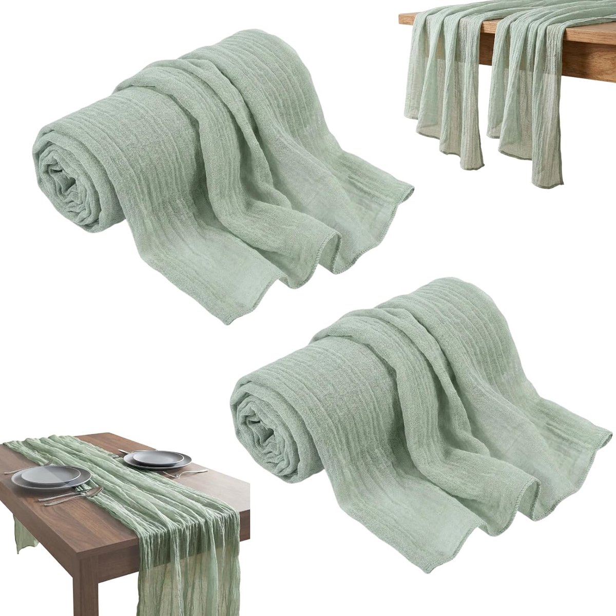 Tafelloper eucalyptus groen, 2 stuks tafelloper chiffon groen (groen)