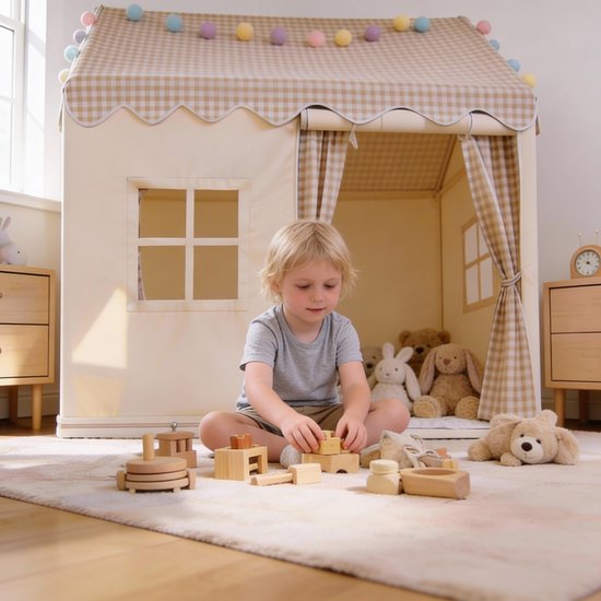 LYNEXA® - Speeltent - Kindertent - Speelhuis - Speeltent meisjes - Speeltent jongens - Speelhuisje binnen - Incl. Zachte Mat, Verlichting, Opbergtas – Beige — afbeelding 2