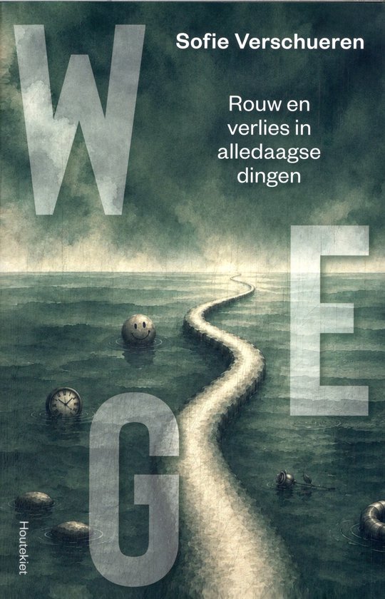 Boekomslag 'WEG' met een kronkelend pad door een donker waterlandschap, een glimlachende bol en een klok.