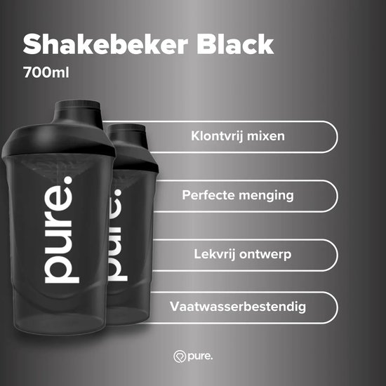 Zwarte 700ml 'pure.' shakebeker met kenmerken: klontvrij, lekvrij en vaatwasserbestendig.