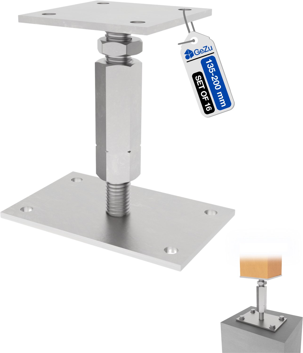 GeZu Impex Paalhouder Hoogte Verstelbare 100 x 160 mm | 140-200 mm | Lange moer + borgmoer set van 16 Gegalvaniseerd