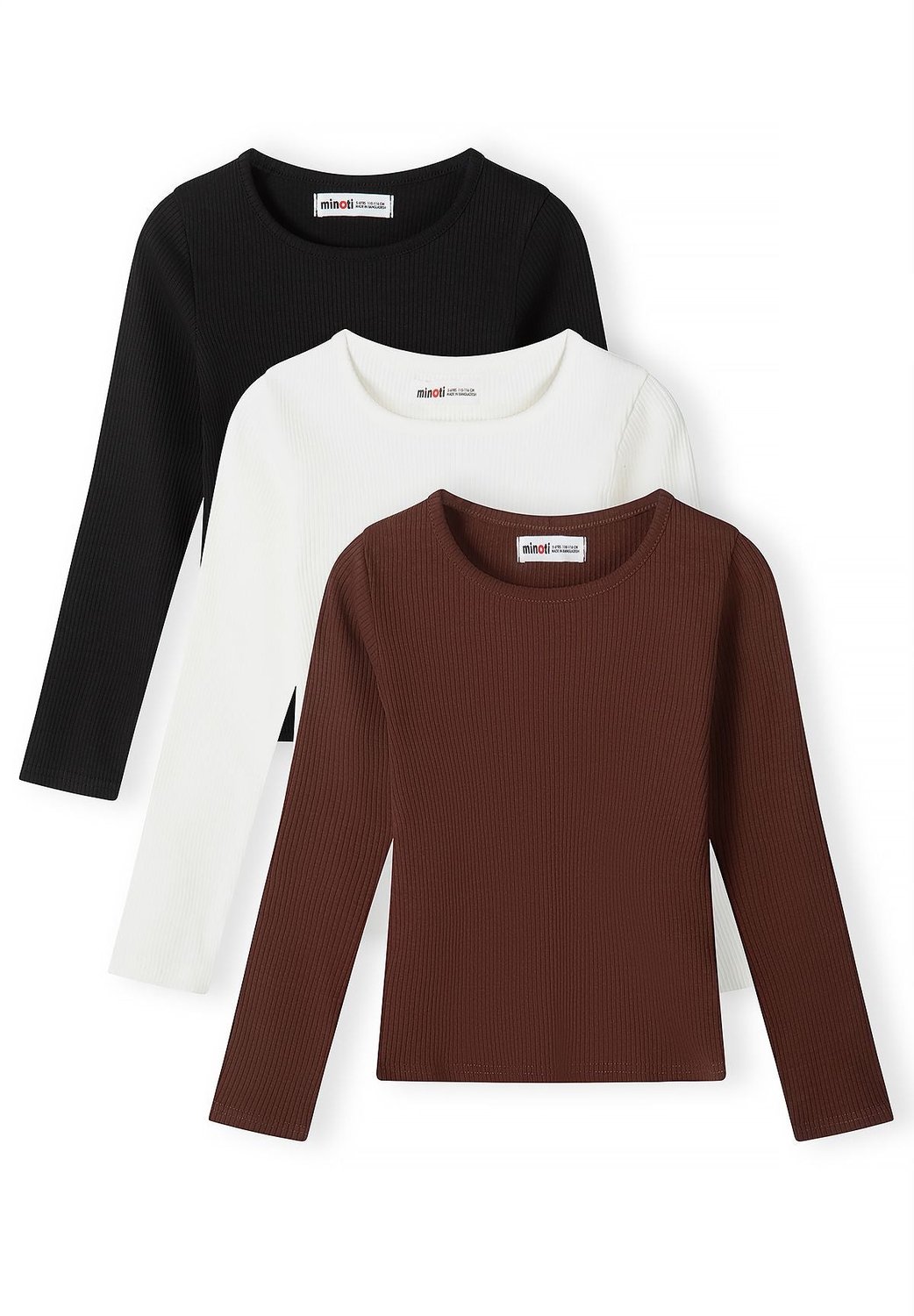 Minoti longsleeve meisjes – rib met ronde hals – 3-pack – crème, grijs en bruin