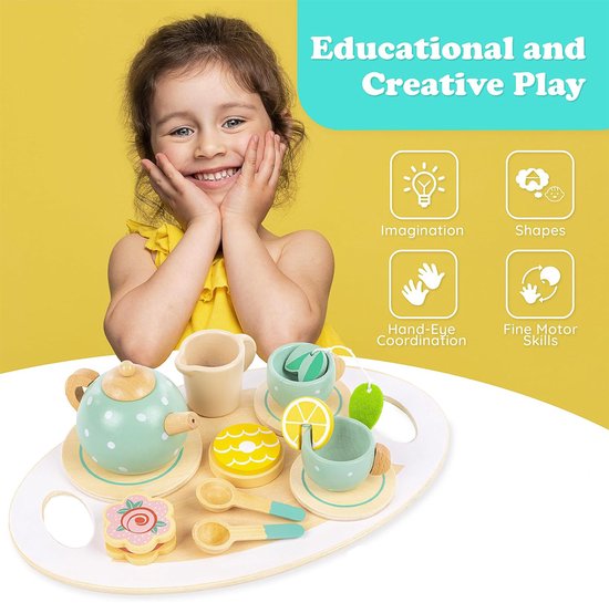 15-delige Houten Theeset voor Kinderen – Montessori Speelgoed – Houten Keukenaccessoires – Rollenspel Theekransje met Dienblad, Kopjes en Theepot – Educatief Cadeau voor Meisjes en Jongens — afbeelding 3